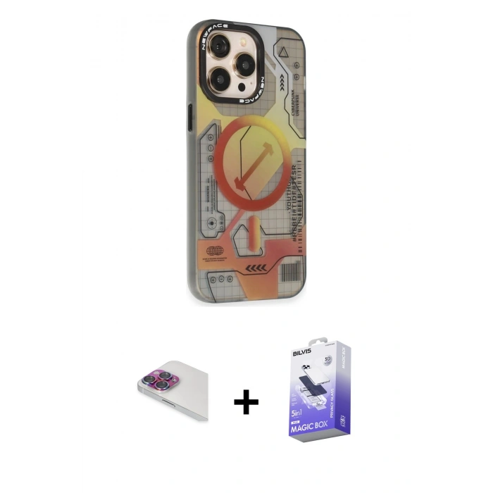 MARSİLYAN™- iPhone 13 Pro Max Kılıf Siluet Modern Koleksiyonu - Siyah Bilvis 5in1 5D Magic Hayalet Cam Ekran Koruyucu + Pers Alüminyum Kamera Lens - GI