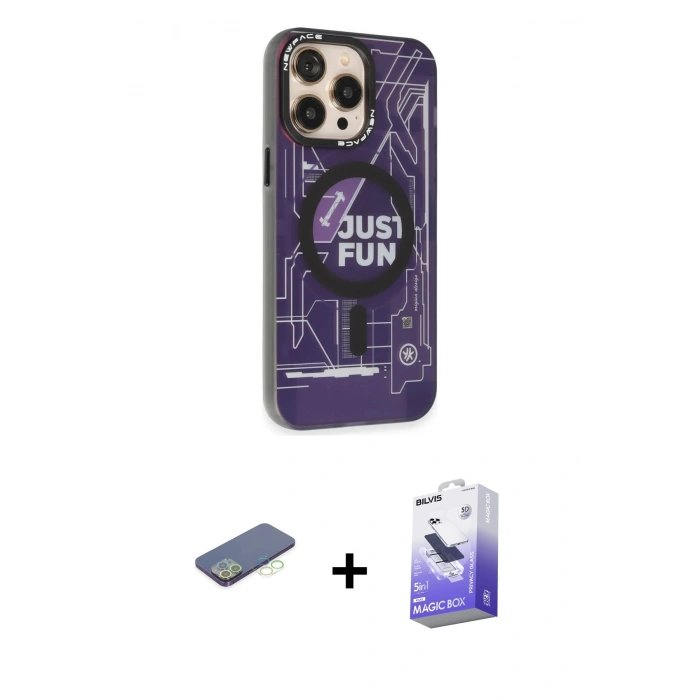 MARSİLYAN™- iPhone 13 Pro Max Kılıf Siluet Modern Koleksiyonu - Siyah Bilvis 5in1 5D Magic Hayalet Cam Ekran Koruyucu + Renkli Kamera Lens Koruma Cam - YL