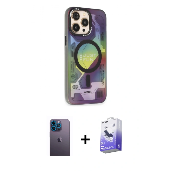 MARSİLYAN™- iPhone 13 Pro Max Kılıf Siluet Modern Koleksiyonu - Siyah Bilvis 5in1 5D Magic Hayalet Cam Ekran Koruyucu + Mavi Neon Fosforlu Kamera Lens