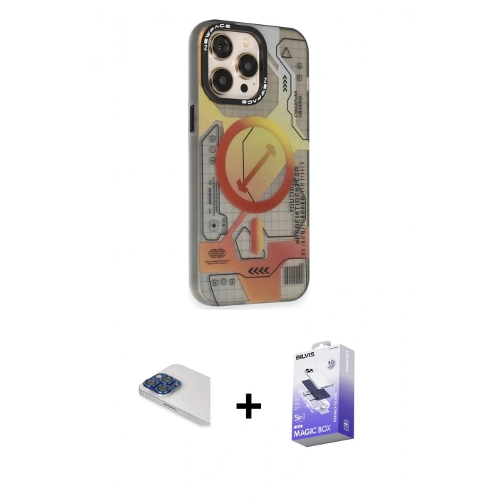 MARSİLYAN™- iPhone 13 Pro Max Kılıf Siluet Modern Koleksiyonu - Siyah Bilvis 5in1 5D Magic Hayalet Cam Ekran Koruyucu + Lacivert Pers Alüminyum Kamera Lens