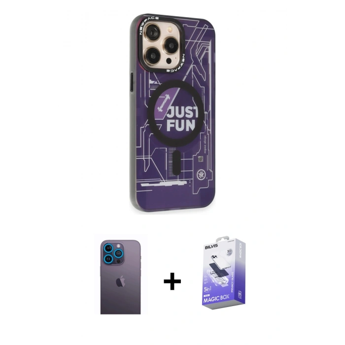 MARSİLYAN™- iPhone 13 Pro Max Kılıf Siluet Modern Koleksiyonu - Siyah Bilvis 5in1 5D Magic Hayalet Cam Ekran Koruyucu + Mavi Neon Fosforlu Kamera Lens