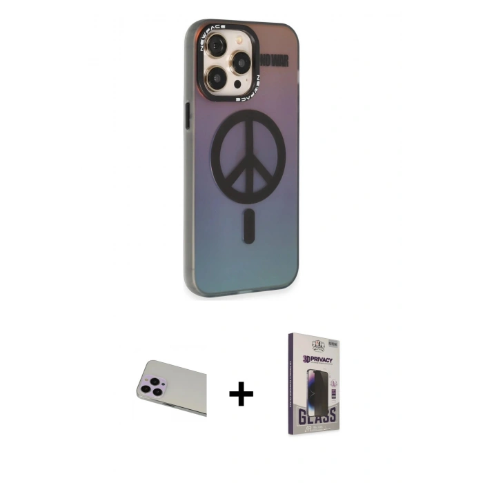 MARSİLYAN™- iPhone 13 Pro Max Kılıf Siluet Modern Koleksiyonu - Siyah Bilvis Hayalet Cam Ekran Koruyucu + Mor Rainbow Kamera Lens Koruma Cam