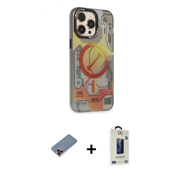 MARSİLYAN™- iPhone 13 Pro Max Kılıf Siluet Modern Koleksiyonu - Siyah Bilvis Hayalet Cam Ekran Koruyucu + Kırmızı Metal Kamera Lens Koruma Cam