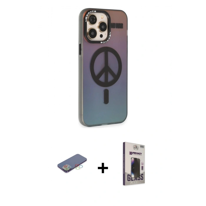 MARSİLYAN™- iPhone 13 Pro Max Kılıf Siluet Modern Koleksiyonu - Siyah Bilvis Hayalet Cam Ekran Koruyucu + Mavi Renkli Kamera Lens Koruma Cam