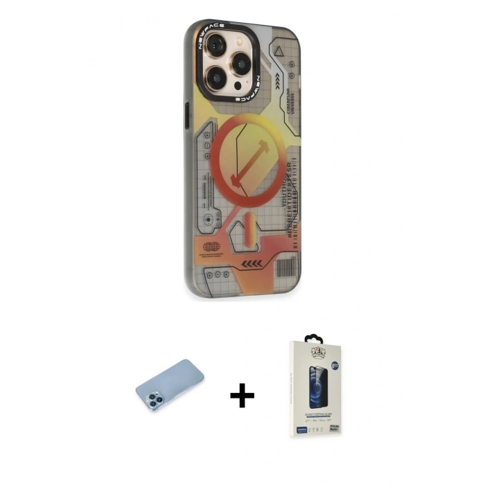 MARSİLYAN™- iPhone 13 Pro Max Kılıf Siluet Modern Koleksiyonu - Siyah Bilvis Hayalet Cam Ekran Koruyucu + Mavi Shine Kamera Lens Koruma Cam