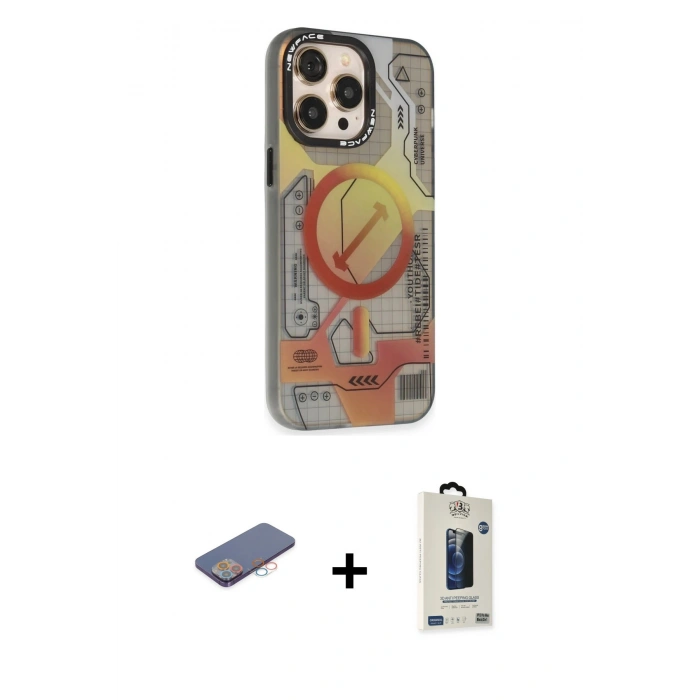 MARSİLYAN™- iPhone 13 Pro Max Kılıf Siluet Modern Koleksiyonu - Siyah Bilvis Hayalet Cam Ekran Koruyucu + Renkli Kamera Lens Koruma Cam - PE