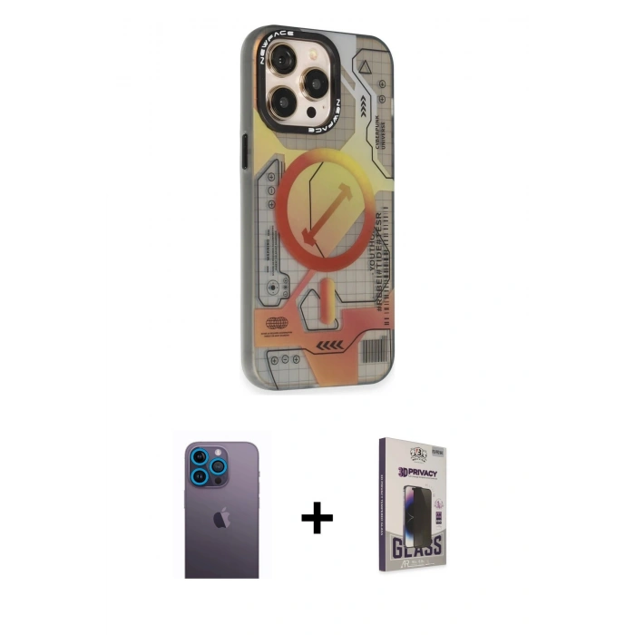 MARSİLYAN™- iPhone 13 Pro Max Kılıf Siluet Modern Koleksiyonu - Siyah Bilvis Hayalet Cam Ekran Koruyucu + Neon Fosforlu Kamera Lens - MI
