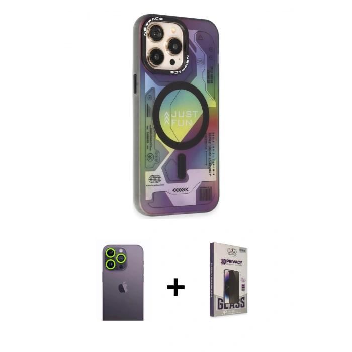 MARSİLYAN™- iPhone 13 Pro Max Kılıf Siluet Modern Koleksiyonu - Siyah Bilvis Hayalet Cam Ekran Koruyucu + Neon Fosforlu Kamera Lens - YL