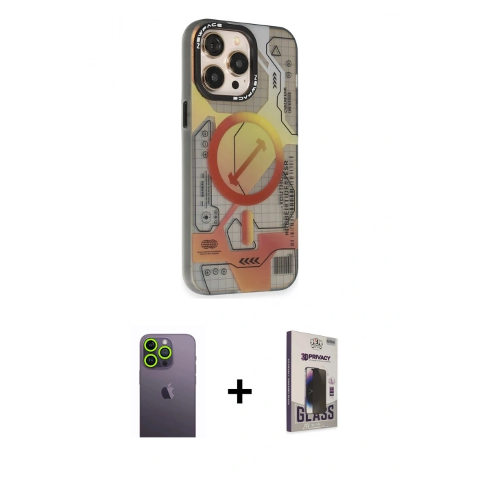 MARSİLYAN™- iPhone 13 Pro Max Kılıf Siluet Modern Koleksiyonu - Siyah Bilvis Hayalet Cam Ekran Koruyucu + Neon Fosforlu Kamera Lens - YL