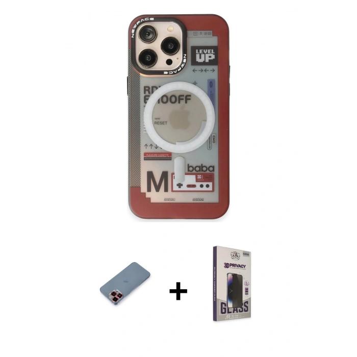 MARSİLYAN™- iPhone 13 Pro Max Kılıf Siluet Modern Koleksiyonu - Siyah Bilvis Hayalet Cam Ekran Koruyucu + Kırmızı Metal Kamera Lens Koruma Cam