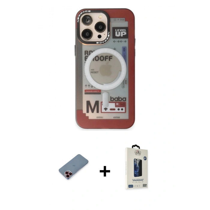 MARSİLYAN™- iPhone 13 Pro Max Kılıf Siluet Modern Koleksiyonu - Siyah Bilvis Hayalet Cam Ekran Koruyucu + Kırmızı Metal Kamera Lens Koruma Cam