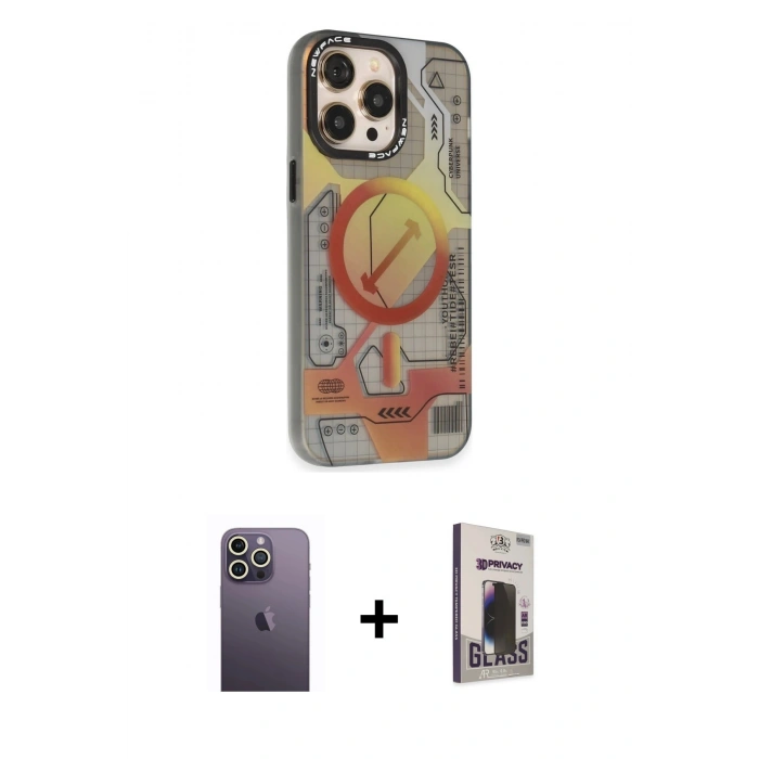 MARSİLYAN™- iPhone 13 Pro Max Kılıf Siluet Modern Koleksiyonu - Siyah Bilvis Hayalet Cam Ekran Koruyucu + Neon Fosforlu Kamera Lens - BZ