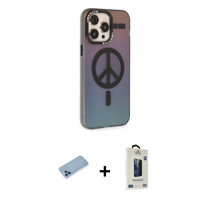 MARSİLYAN™- iPhone 13 Pro Max Kılıf Siluet Modern Koleksiyonu - Siyah Bilvis Hayalet Cam Ekran Koruyucu + Mavi Shine Kamera Lens Koruma Cam