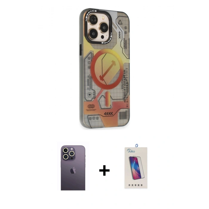 MARSİLYAN™- iPhone 13 Pro Max Kılıf Siluet Modern Koleksiyonu - Siyah Joko 5D Cam + Neon Fosforlu Kamera Lens - BZ