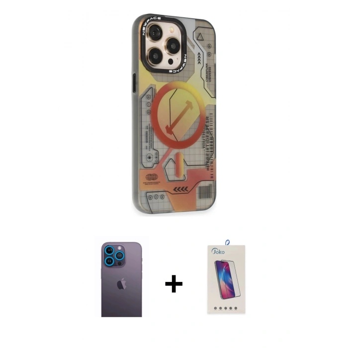 MARSİLYAN™- iPhone 13 Pro Max Kılıf Siluet Modern Koleksiyonu - Siyah Joko 5D Cam + Neon Fosforlu Kamera Lens - MI