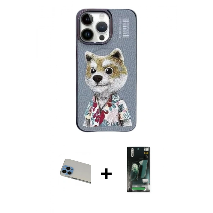 MARSİLYAN™- iPhone 13 Pro Max Kılıf Siluet Modern Özel Seri - Şeffaf 360 Full Body Arka Koruyucu + Mavi Rainbow Kamera Lens Koruma Cam