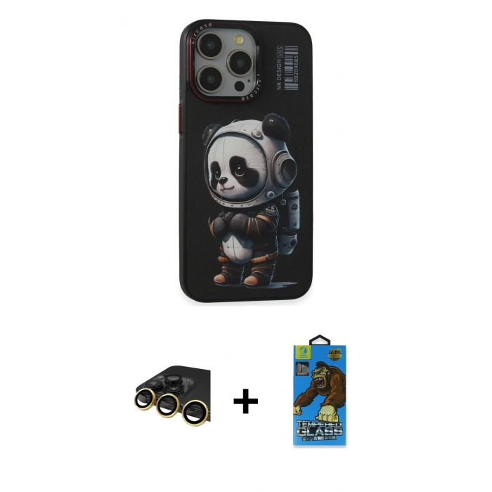 MARSİLYAN™- iPhone 13 Pro Max Kılıf Siluet Modern Özel Seri - Siyah 18D Cam Ekran Koruyucu + Gold Raze Metal Kamera Lens