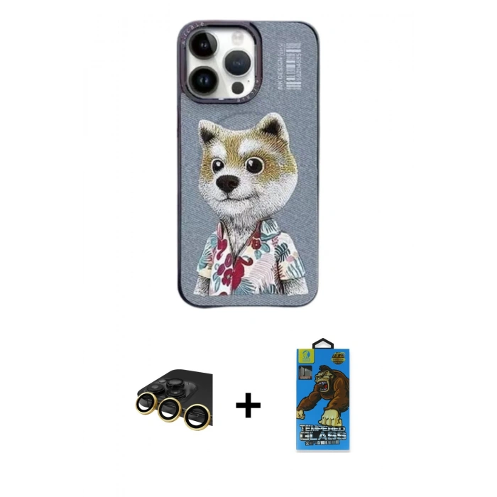MARSİLYAN™- iPhone 13 Pro Max Kılıf Siluet Modern Özel Seri - Siyah 18D Cam Ekran Koruyucu + Gold Raze Metal Kamera Lens