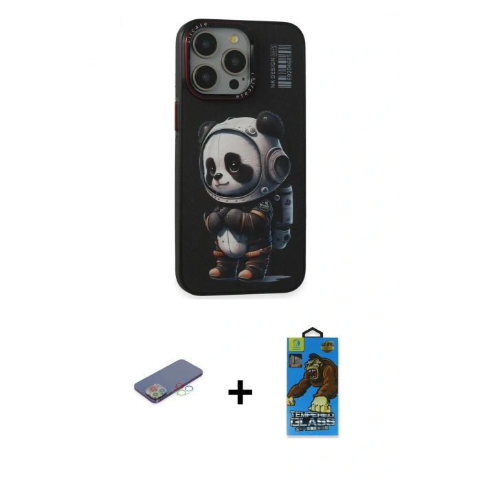 MARSİLYAN™- iPhone 13 Pro Max Kılıf Siluet Modern Özel Seri - Siyah 18D Cam Ekran Koruyucu + Mavi Renkli Kamera Lens Koruma Cam