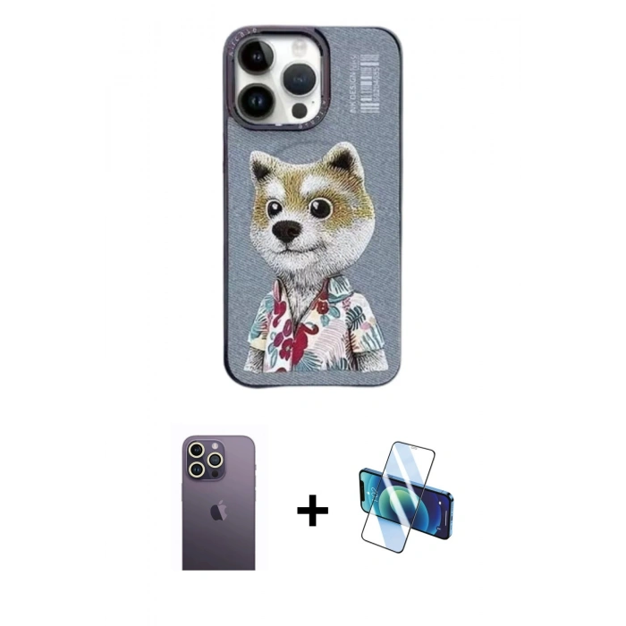 MARSİLYAN™- iPhone 13 Pro Max Kılıf Siluet Modern Özel Seri - Siyah 3D Antistatik Cam Ekran Koruyucu + Neon Fosforlu Kamera Lens - BZ