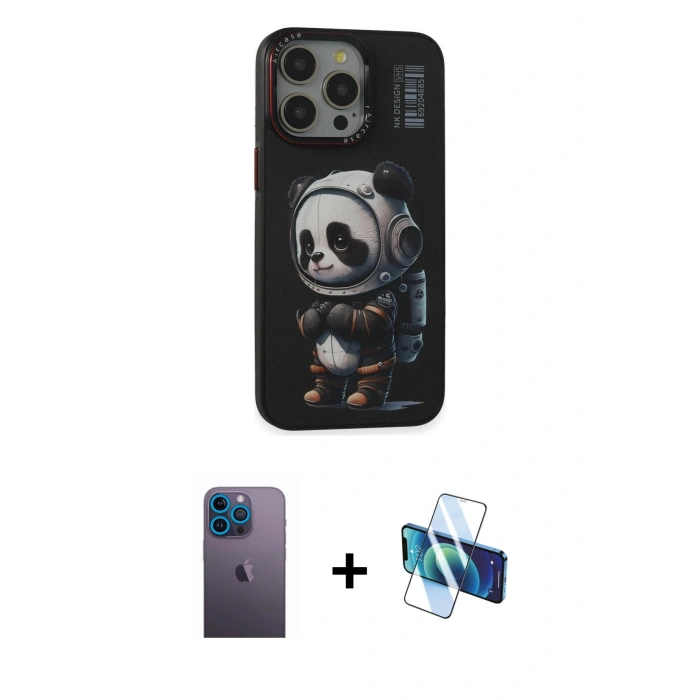 MARSİLYAN™- iPhone 13 Pro Max Kılıf Siluet Modern Özel Seri - Siyah 3D Antistatik Cam Ekran Koruyucu + Neon Fosforlu Kamera Lens - MI