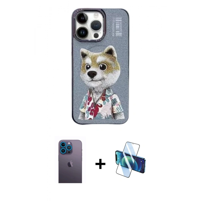 MARSİLYAN™- iPhone 13 Pro Max Kılıf Siluet Modern Özel Seri - Siyah 3D Antistatik Cam Ekran Koruyucu + Neon Fosforlu Kamera Lens - MI