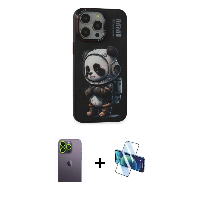 MARSİLYAN™- iPhone 13 Pro Max Kılıf Siluet Modern Özel Seri - Siyah 3D Antistatik Cam Ekran Koruyucu + Neon Fosforlu Kamera Lens - YL