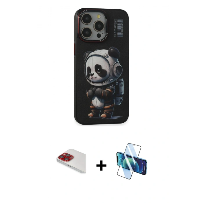 MARSİLYAN™- iPhone 13 Pro Max Kılıf Siluet Modern Özel Seri - Siyah 3D Antistatik Cam Ekran Koruyucu + Pers Alüminyum Kamera Lens - KI