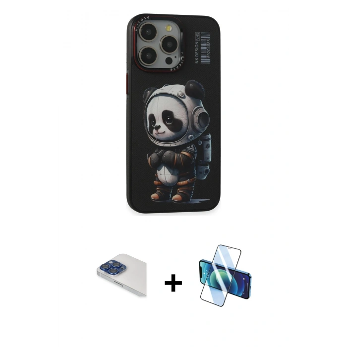 MARSİLYAN™- iPhone 13 Pro Max Kılıf Siluet Modern Özel Seri - Siyah 3D Antistatik Cam Ekran Koruyucu + Pers Alüminyum Kamera Lens - LT