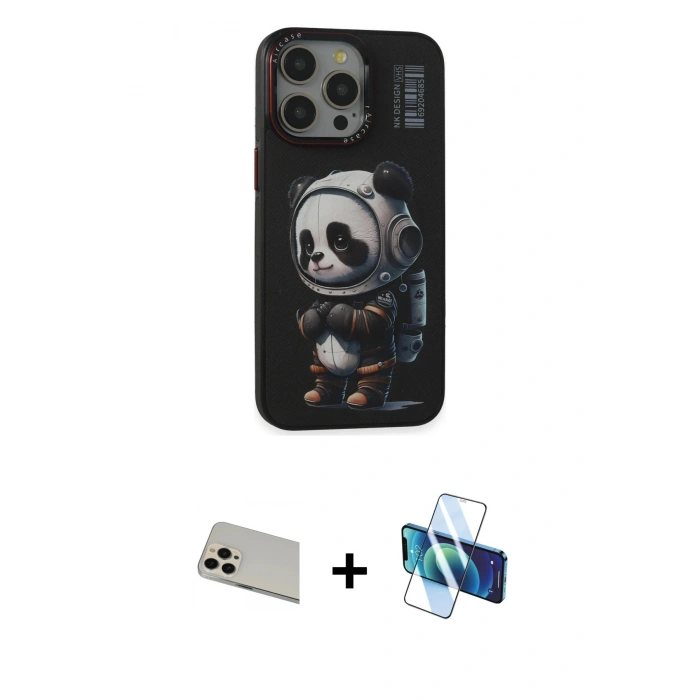 MARSİLYAN™- iPhone 13 Pro Max Kılıf Siluet Modern Özel Seri - Siyah 3D Antistatik Cam Ekran Koruyucu + Rainbow Kamera Lens Koruma Cam - REGD