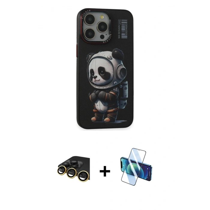MARSİLYAN™- iPhone 13 Pro Max Kılıf Siluet Modern Özel Seri - Siyah 3D Antistatik Cam Ekran Koruyucu + Raze Metal Kamera Lens - GD