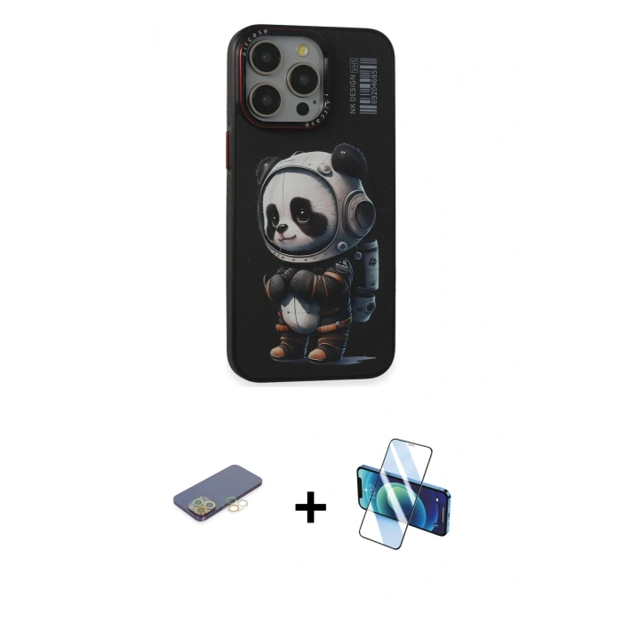 MARSİLYAN™- iPhone 13 Pro Max Kılıf Siluet Modern Özel Seri - Siyah 3D Antistatik Cam Ekran Koruyucu + Renkli Kamera Lens Koruma Cam - SI