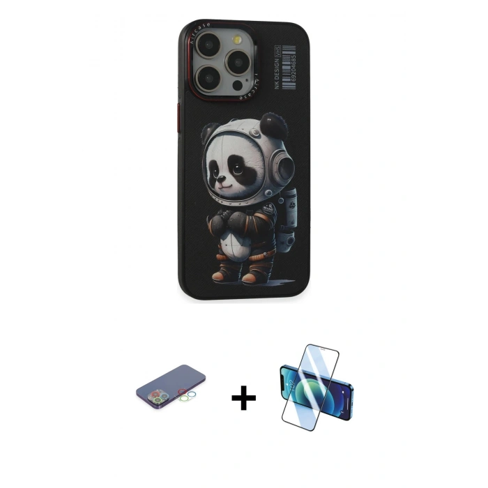 MARSİLYAN™- iPhone 13 Pro Max Kılıf Siluet Modern Özel Seri - Siyah 3D Antistatik Cam Ekran Koruyucu + Renkli Kamera Lens Koruma Cam - MI