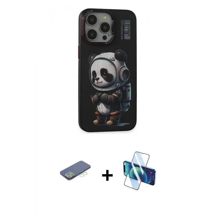 MARSİLYAN™- iPhone 13 Pro Max Kılıf Siluet Modern Özel Seri - Siyah 3D Antistatik Cam Ekran Koruyucu + Renkli Kamera Lens Koruma Cam - YL