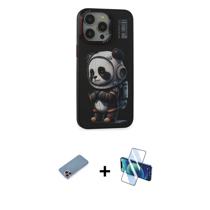 MARSİLYAN™- iPhone 13 Pro Max Kılıf Siluet Modern Özel Seri - Siyah 3D Antistatik Cam Ekran Koruyucu + Shine Kamera Lens Koruma Cam - PE