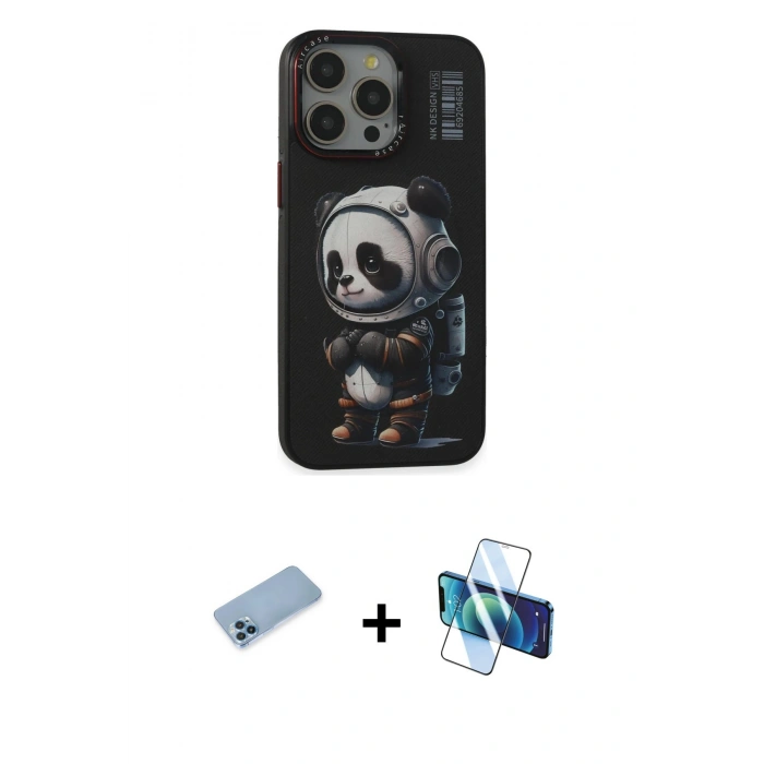 MARSİLYAN™- iPhone 13 Pro Max Kılıf Siluet Modern Özel Seri - Siyah 3D Antistatik Cam Ekran Koruyucu + Shine Kamera Lens Koruma Cam - MI