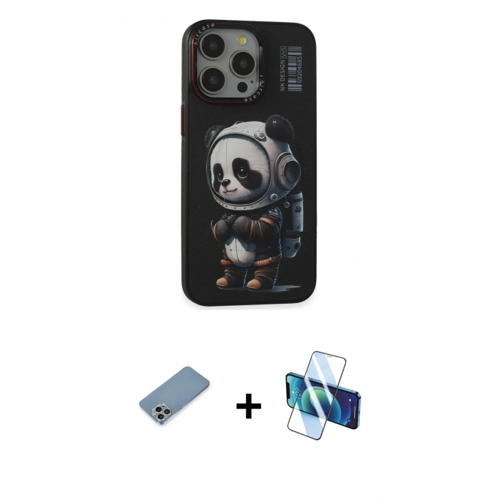 MARSİLYAN™- iPhone 13 Pro Max Kılıf Siluet Modern Özel Seri - Siyah 3D Antistatik Cam Ekran Koruyucu + Shine Kamera Lens Koruma Cam - GI