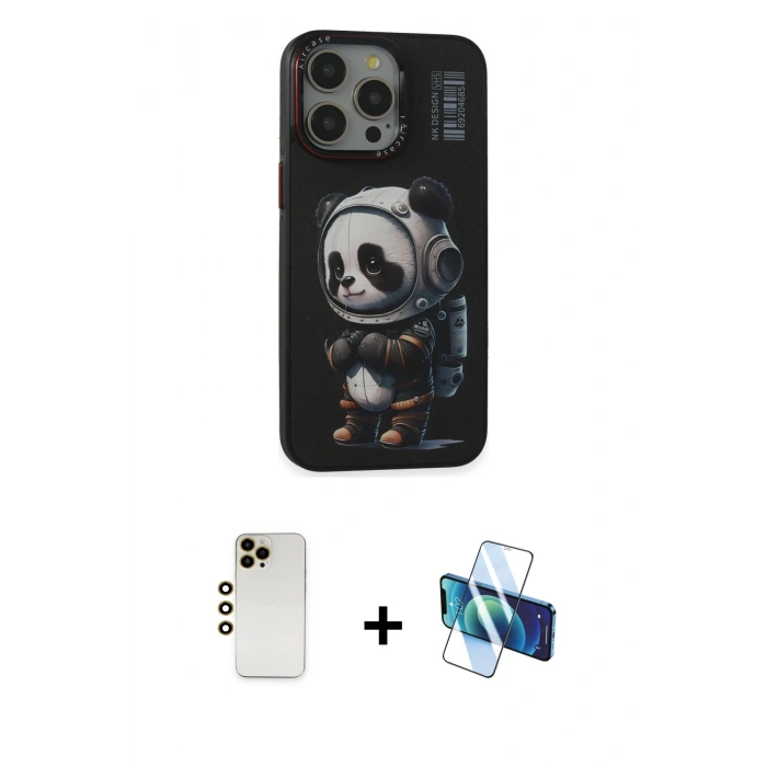 MARSİLYAN™- iPhone 13 Pro Max Kılıf Siluet Modern Özel Seri - Siyah 3D Antistatik Cam Ekran Koruyucu + Shine Kamera Lens - GD