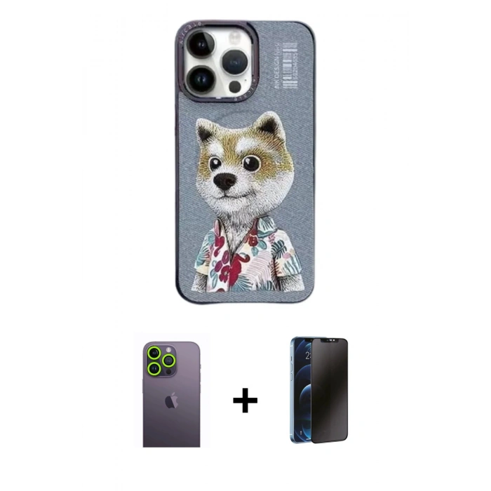 MARSİLYAN™- iPhone 13 Pro Max Kılıf Siluet Modern Özel Seri - Siyah 3D Antistatik Hayalet Cam Ekran Koruyucu + Yeşil Neon Fosforlu Kamera Lens