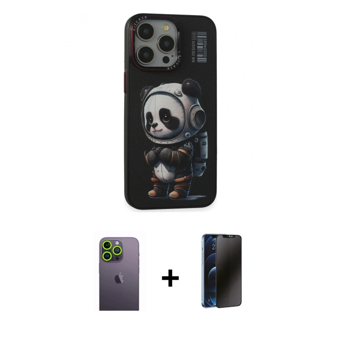 MARSİLYAN™- iPhone 13 Pro Max Kılıf Siluet Modern Özel Seri - Siyah 3D Antistatik Hayalet Cam Ekran Koruyucu + Yeşil Neon Fosforlu Kamera Lens