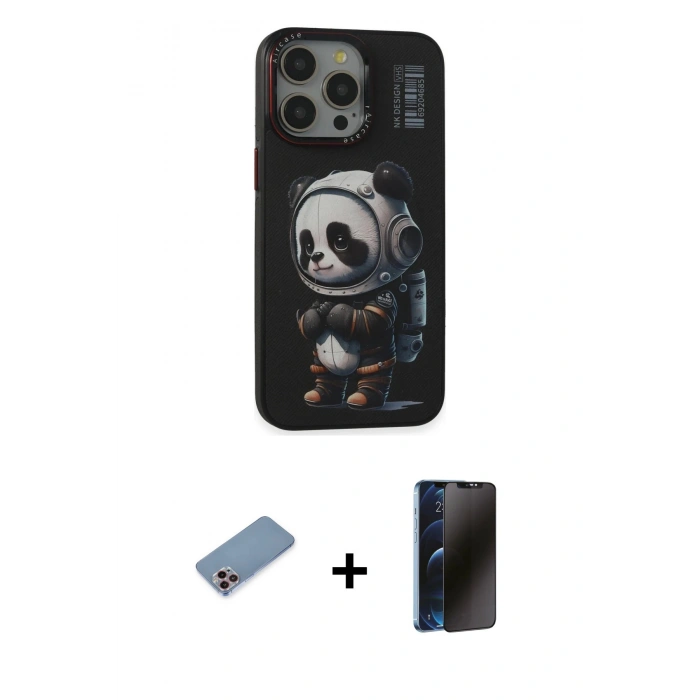 MARSİLYAN™- iPhone 13 Pro Max Kılıf Siluet Modern Özel Seri - Siyah 3D Antistatik Hayalet Cam Ekran Koruyucu + Shine Kamera Lens Koruma Cam - PE