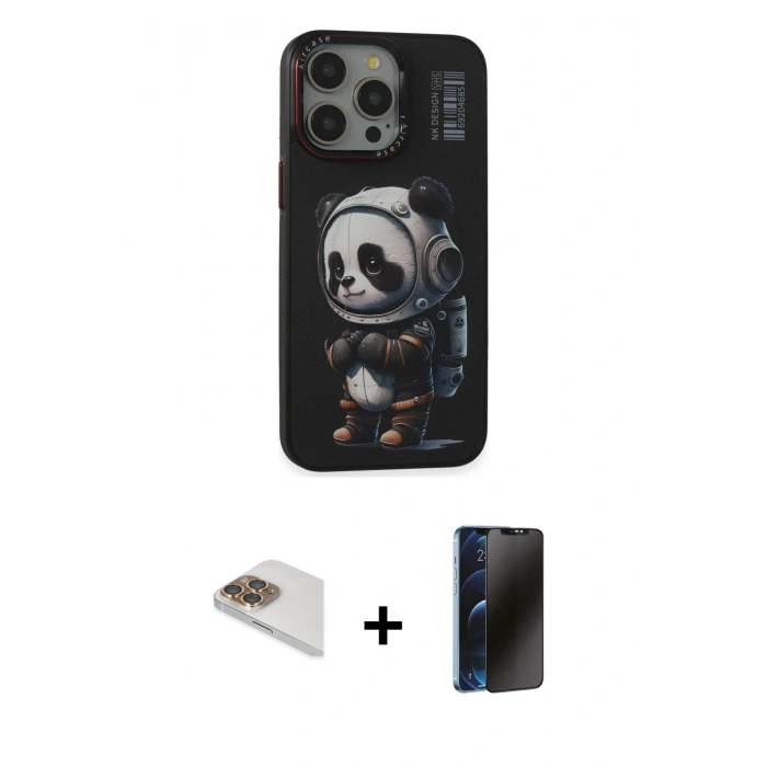 MARSİLYAN™- iPhone 13 Pro Max Kılıf Siluet Modern Özel Seri - Siyah 3D Antistatik Hayalet Cam Ekran Koruyucu + Pers Alüminyum Kamera Lens - GD