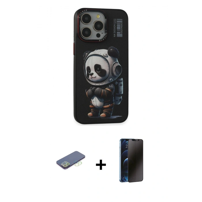MARSİLYAN™- iPhone 13 Pro Max Kılıf Siluet Modern Özel Seri - Siyah 3D Antistatik Hayalet Cam Ekran Koruyucu + Renkli Kamera Lens Koruma Cam - YL