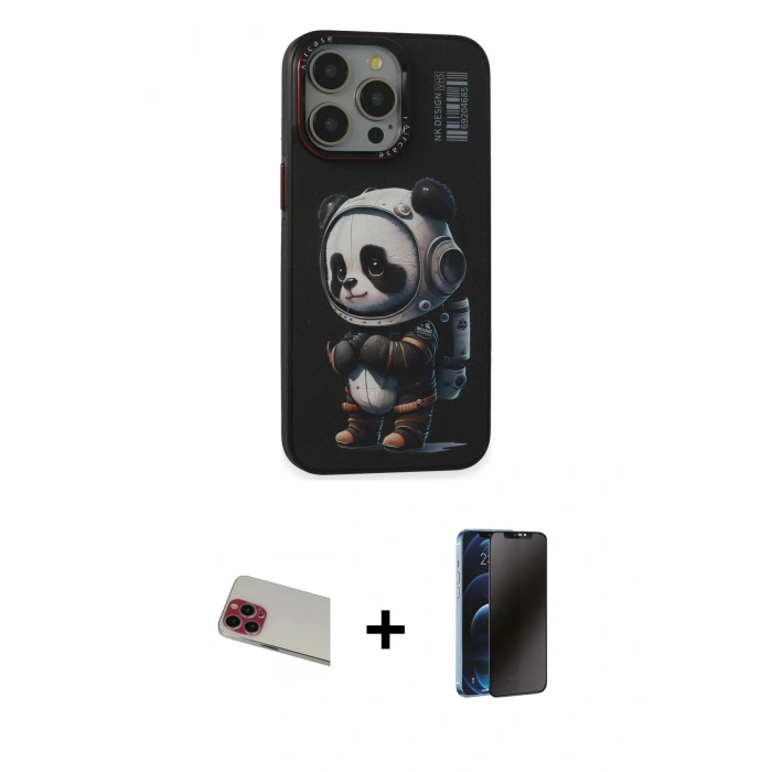 MARSİLYAN™- iPhone 13 Pro Max Kılıf Siluet Modern Özel Seri - Siyah 3D Antistatik Hayalet Cam Ekran Koruyucu + Rainbow Kamera Lens Koruma Cam - KI