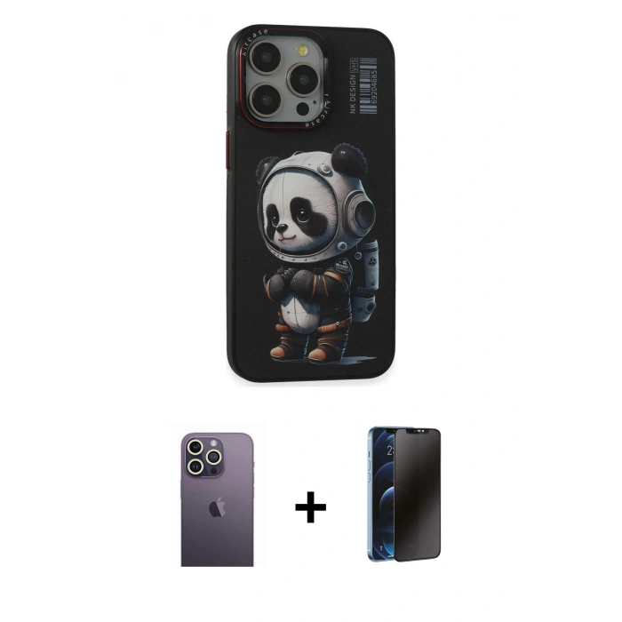 MARSİLYAN™- iPhone 13 Pro Max Kılıf Siluet Modern Özel Seri - Siyah 3D Antistatik Hayalet Cam Ekran Koruyucu + Neon Fosforlu Kamera Lens - BZ