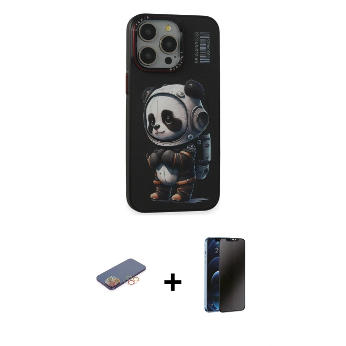 MARSİLYAN™- iPhone 13 Pro Max Kılıf Siluet Modern Özel Seri - Siyah 3D Antistatik Hayalet Cam Ekran Koruyucu + Renkli Kamera Lens Koruma Cam - TU