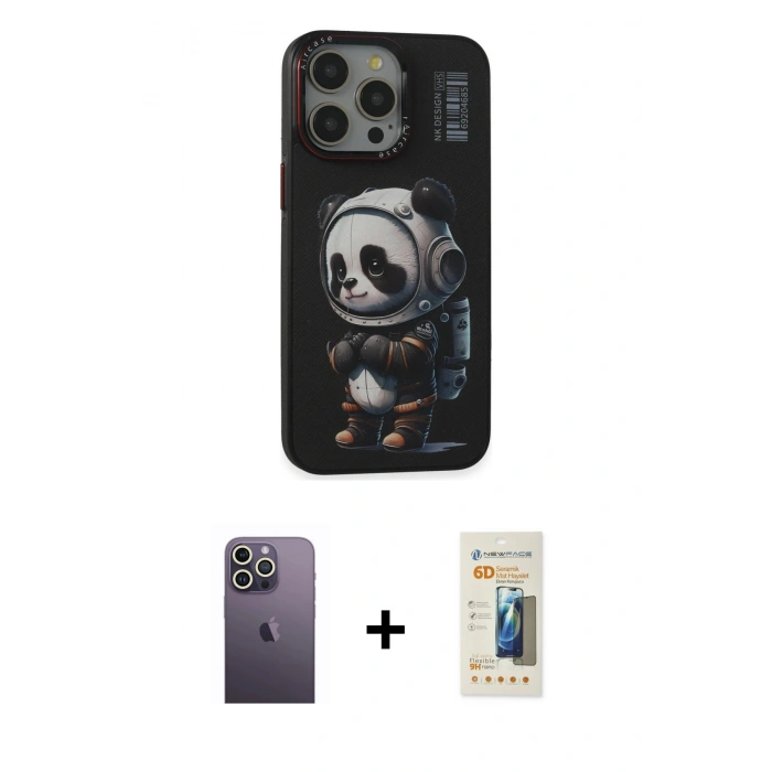 MARSİLYAN™- iPhone 13 Pro Max Kılıf Siluet Modern Özel Seri - Siyah 6D Mat Seramik Hayalet Nano Ekran Koruyucu + Neon Fosforlu Kamera Lens - BZ