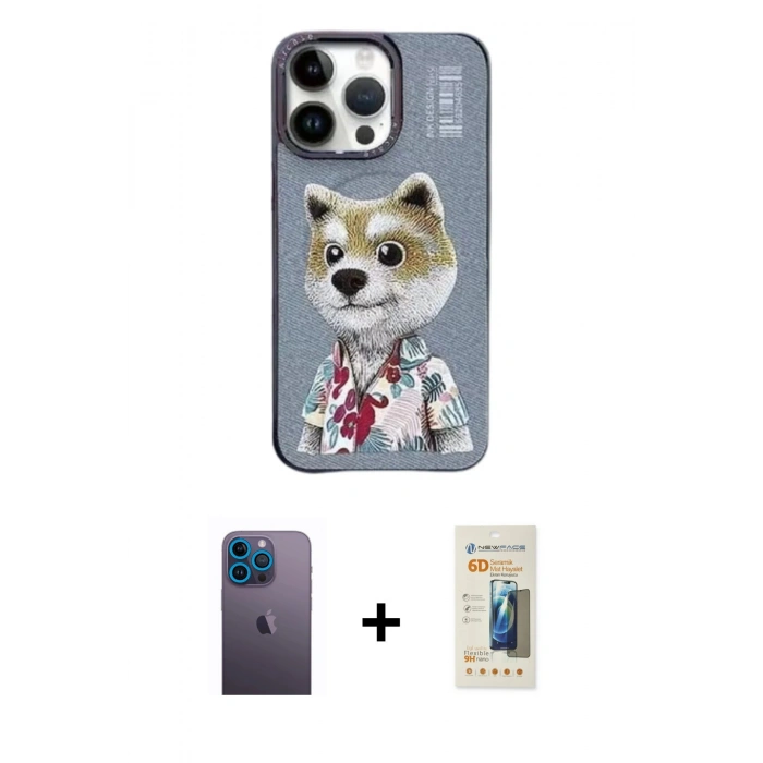 MARSİLYAN™- iPhone 13 Pro Max Kılıf Siluet Modern Özel Seri - Siyah 6D Mat Seramik Hayalet Nano Ekran Koruyucu + Neon Fosforlu Kamera Lens - MI