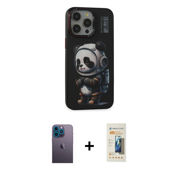 MARSİLYAN™- iPhone 13 Pro Max Kılıf Siluet Modern Özel Seri - Siyah 6D Mat Seramik Hayalet Nano Ekran Koruyucu + Neon Fosforlu Kamera Lens - MI