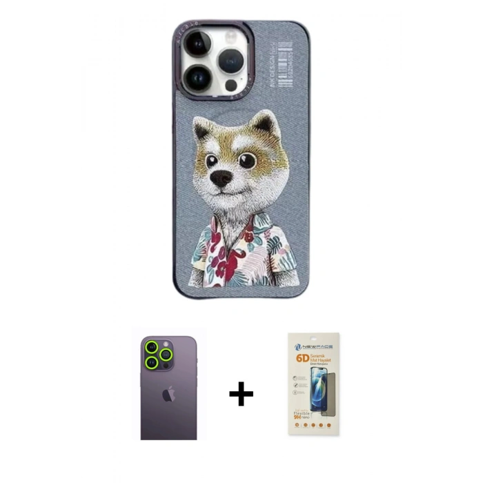 MARSİLYAN™- iPhone 13 Pro Max Kılıf Siluet Modern Özel Seri - Siyah 6D Mat Seramik Hayalet Nano Ekran Koruyucu + Neon Fosforlu Kamera Lens - YL
